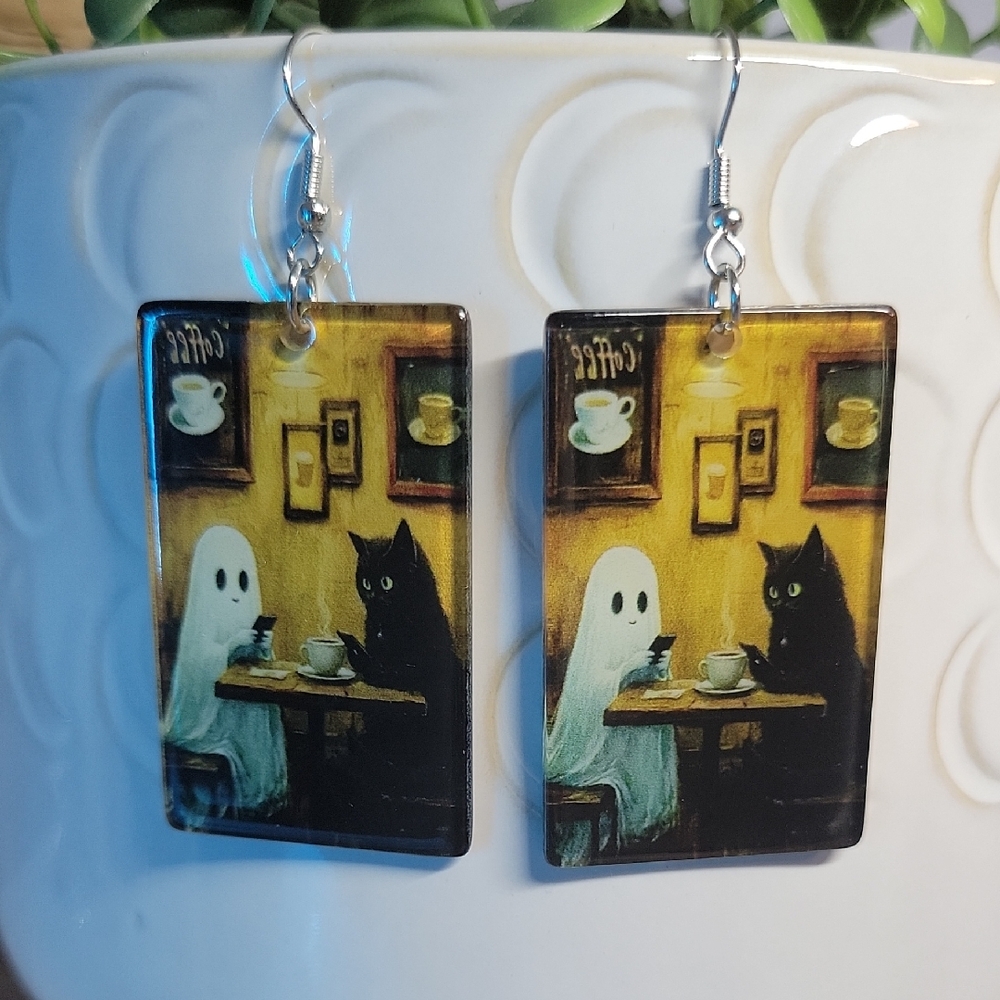 🔥LAST PAIR🔥 Black Cat Ghost Card Game Coffee Date Earrings